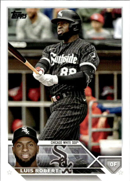 Luis Robert at bat in a black pinstriped uniform on Chicago White Sox baseball card