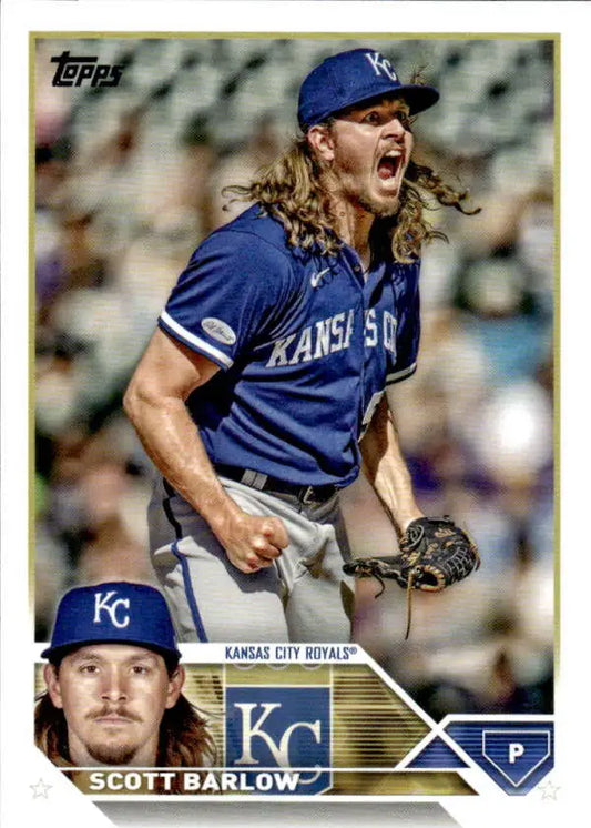 Scott Barlow Kansas City Royals baseball card in celebratory pose from 2023 Topps set