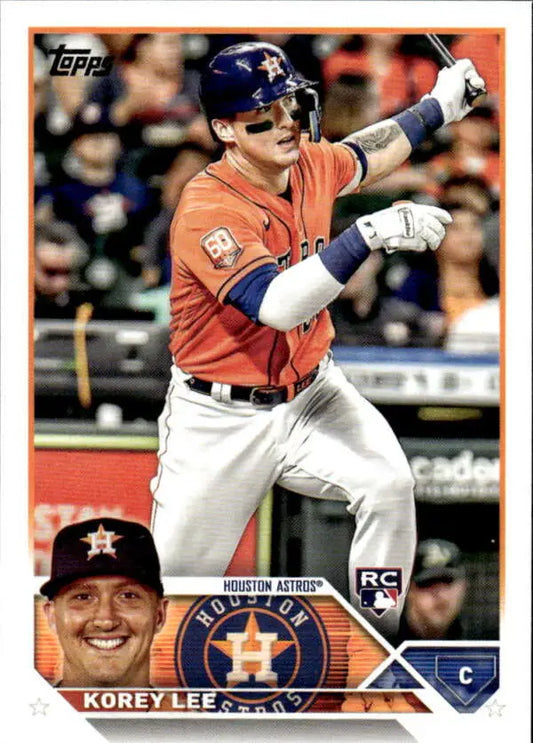 Korey Lee in orange jersey at bat on 2023 Topps Houston Astros baseball card