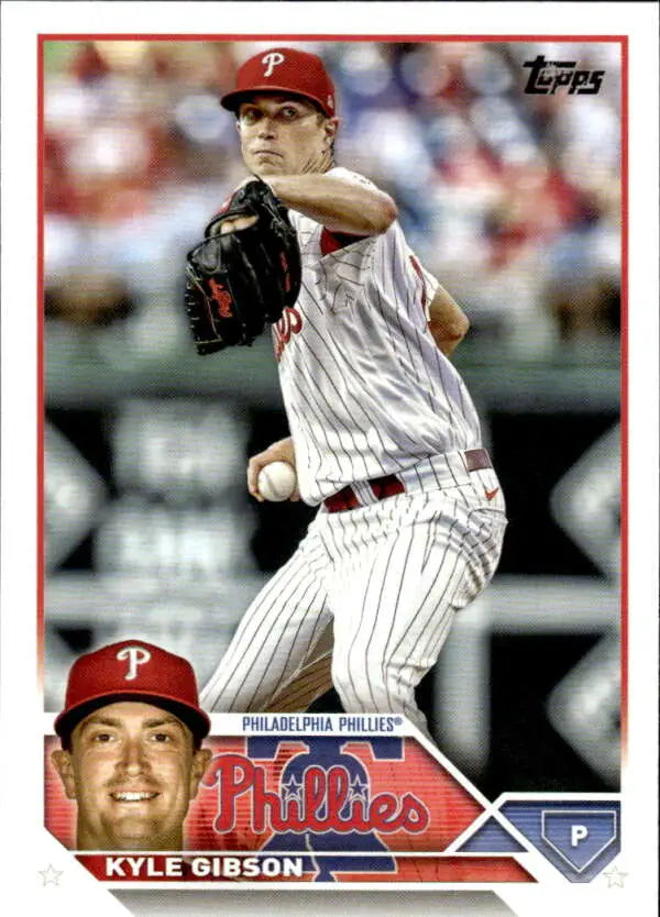 2023 Topps Kyle Gibson baseball card featuring Philadelphia Phillies pitcher in mid-throw