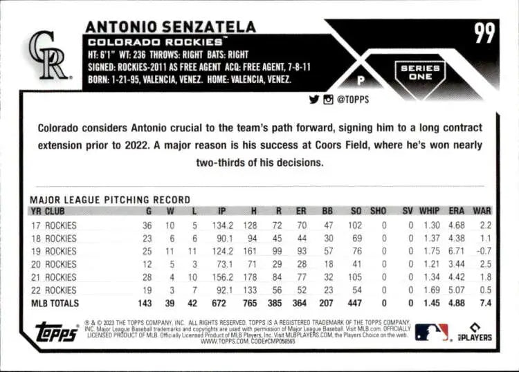 Baseball card featuring Antonio Senzatela NM-MT stats for Colorado Rockies pitcher