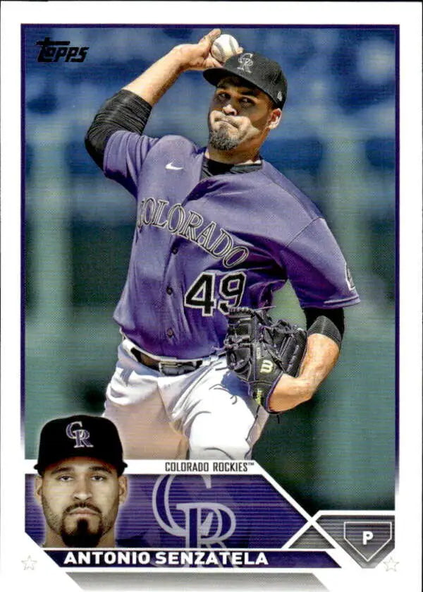 Topps baseball card of Antonio Senzatela in purple uniform for Colorado Rockies