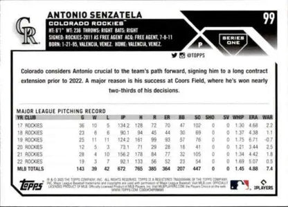 Baseball card back of 2023 Topps #99 Antonio Senzatela with original gloss finish