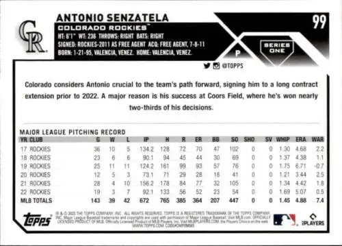 2023 Topps #99 Antonio Senzatela NM-MT Baseball Card with Original Gloss and Rockies Theme