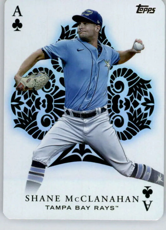 Tampa Bay Rays Shane McClanahan mid-throw in light blue jersey baseball card