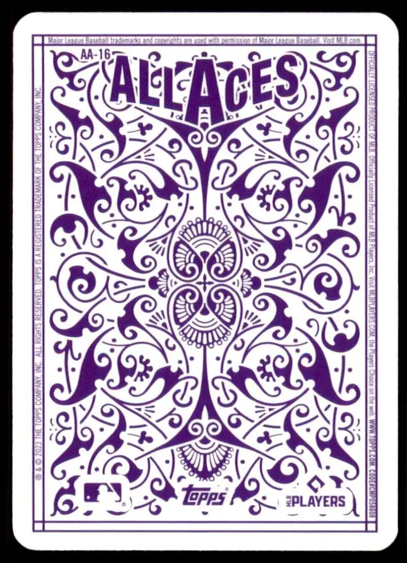 Purple and white ornate playing card back design featuring All Aces and AA-16 Aaron Nola