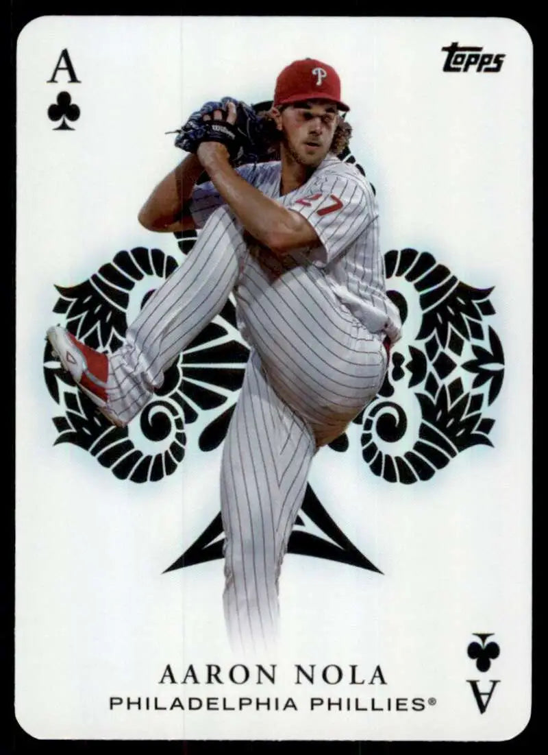 Baseball player Aaron Nola in Phillies pinstripe uniform mid-pitching with spade card design