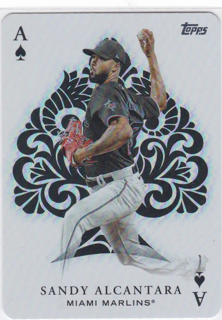 Baseball player in pitching motion on Ace of Spades card featuring Sandy Alcantara Miami Marlins