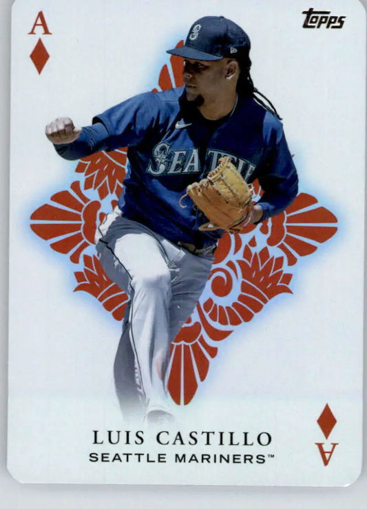 Luis Castillo Seattle Mariners baseball card in navy uniform with red floral background