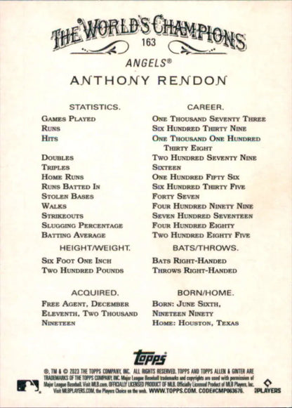 Baseball card featuring Anthony Rendon career statistics for Los Angeles Angels