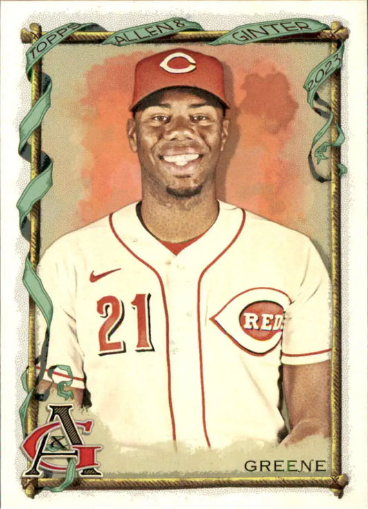 Baseball card of Hunter Greene in Cincinnati Reds jersey number 21 from Topps Allen