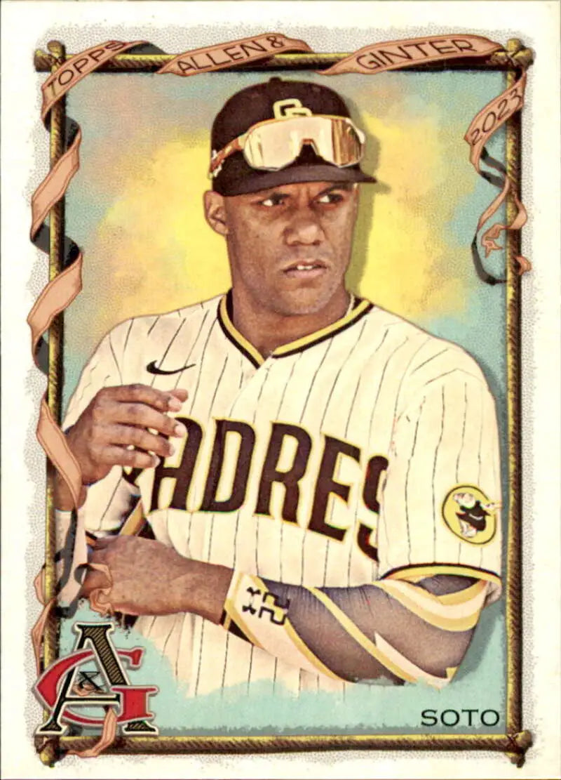 Juan Soto San Diego Padres baseball card in a home pinstripe uniform from 2023 Topps Allen and Ginter