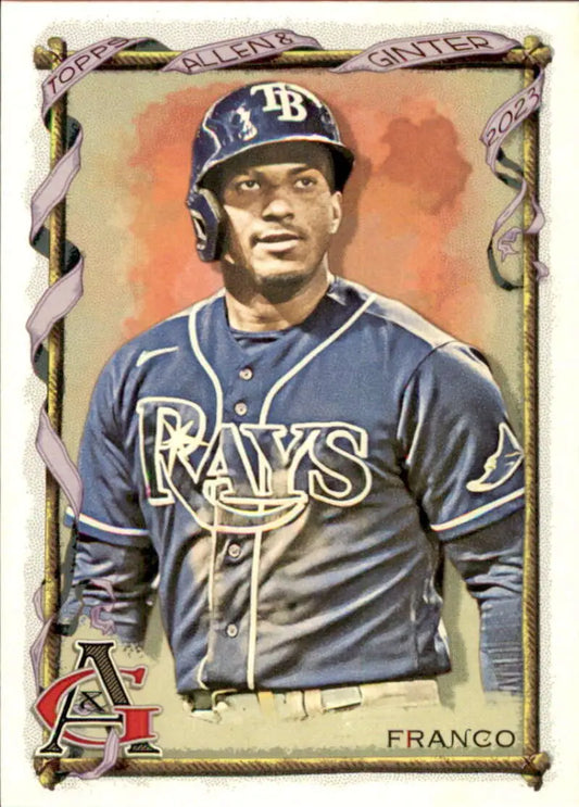 Baseball card of Wander Franco in navy uniform from 2023 Topps Allen and Ginter set