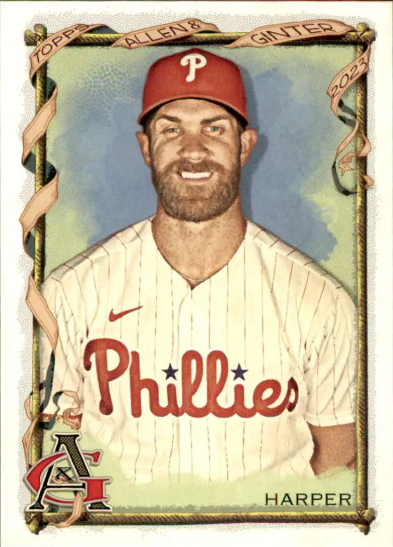 Bryce Harper smiling in a Philadelphia Phillies uniform on a baseball card