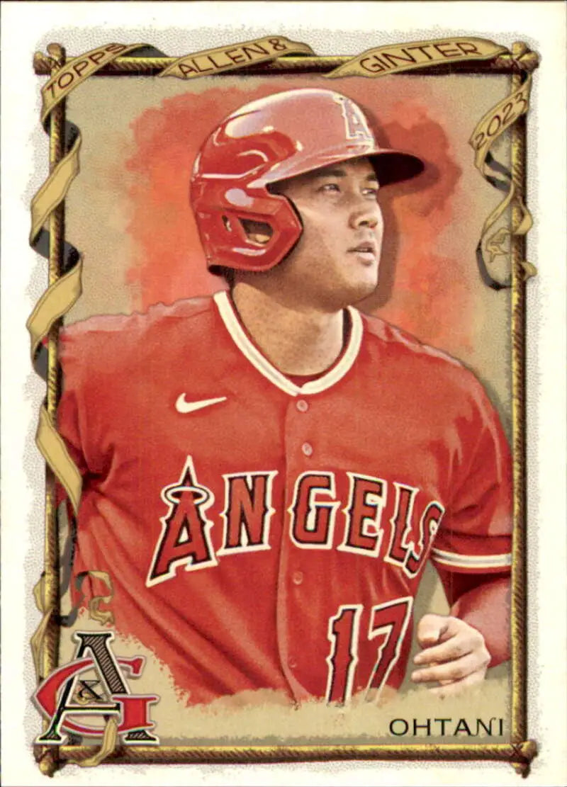 Baseball card of Shohei Ohtani in red Angels uniform, 2023 Topps Allen and Ginter