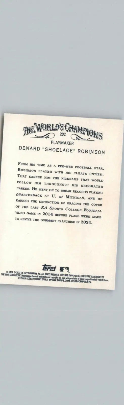 Back of 2023 Topps Allen & Ginter #202 Denard Shoelace Robinson baseball card