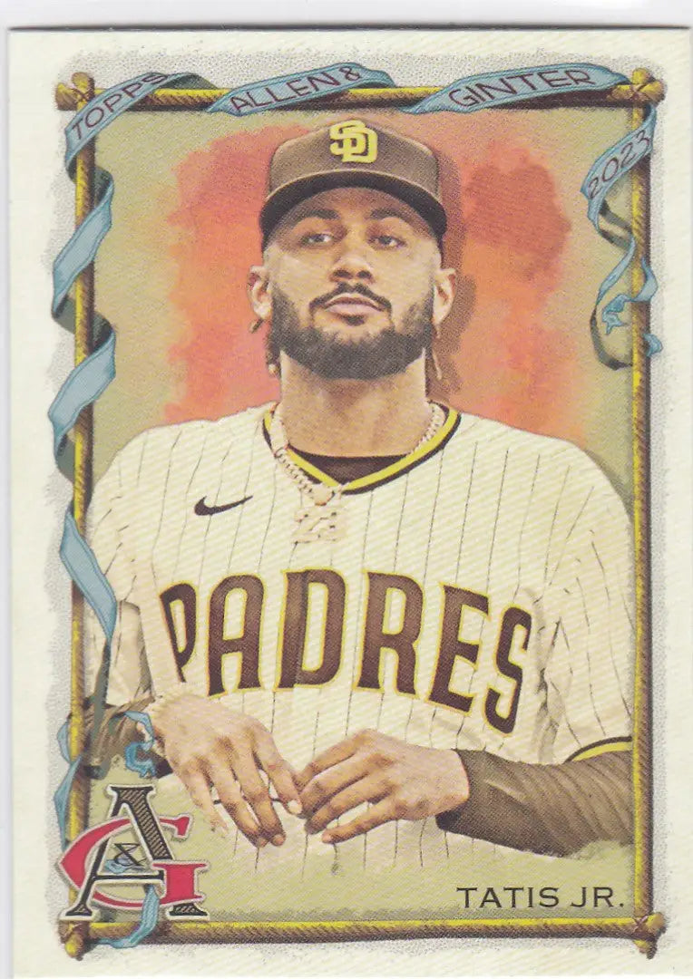 Baseball card of Tatis Jr San in San Diego Padres pinstripe uniform, Topps Allen design