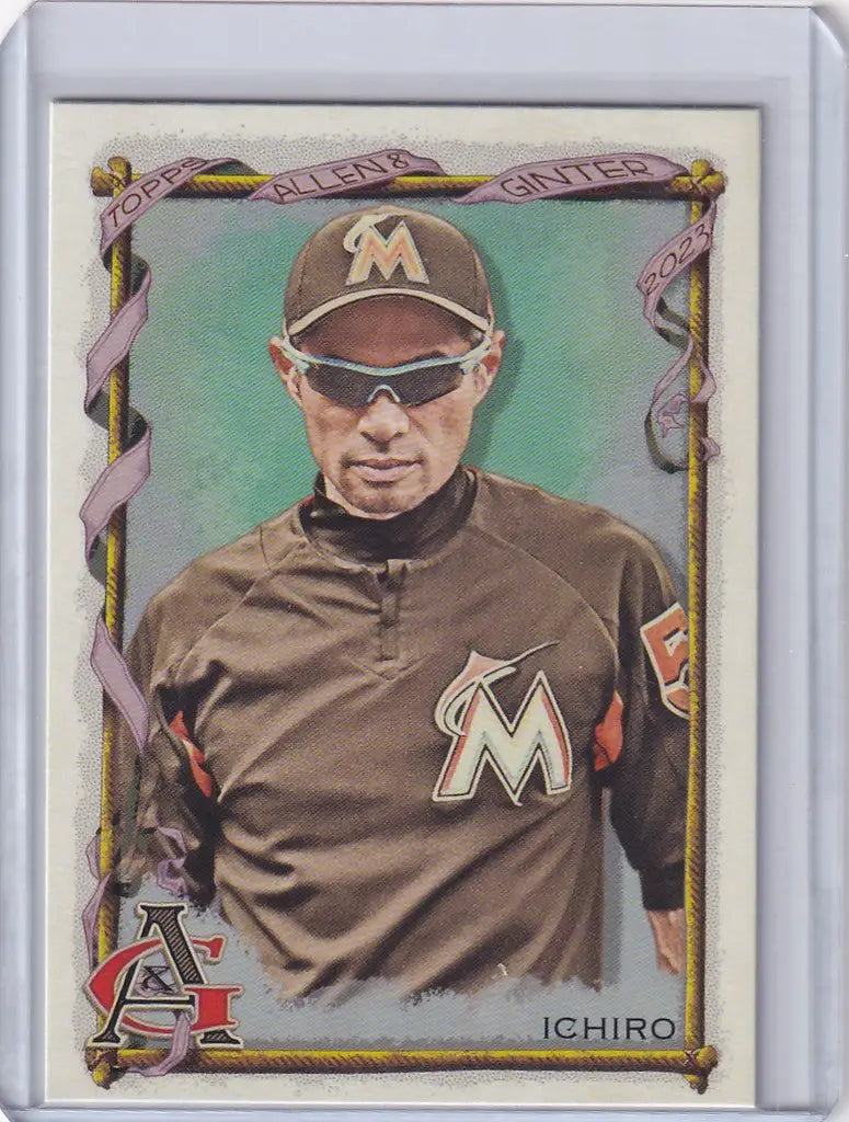 Baseball card of Ichiro in Miami Marlins jacket from Topps Allen & Ginter