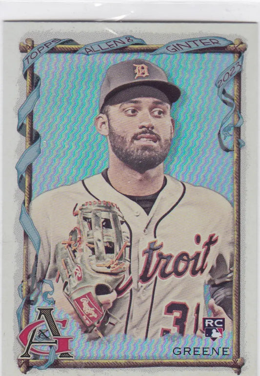 Baseball card of Riley Greene Silver RC in Detroit Tigers home uniform from Topps Allen