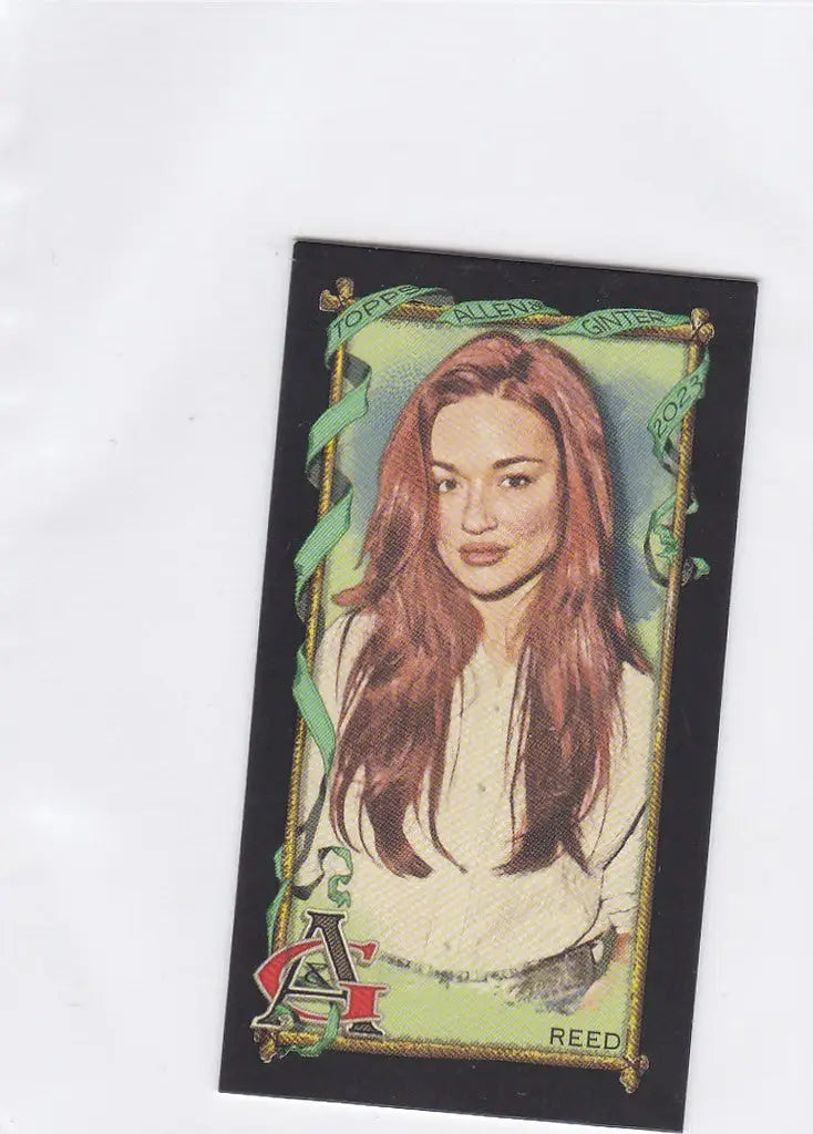 Portrait card of Crystal Reed with long reddish-brown hair, Ginter Black Border Mini