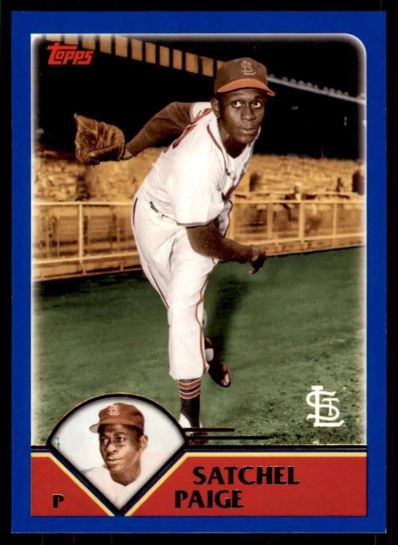 Baseball card of Satchel Paige in pitching stance for 2023 Topps Archives Louis Browns