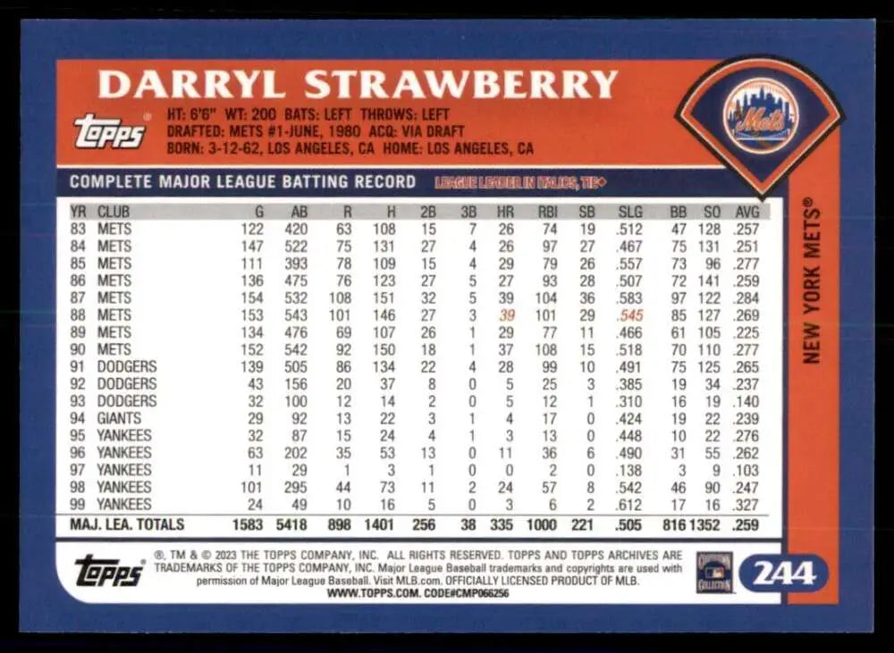 Darryl Strawberry 2023 Topps Archives #244 New York Mets Baseball Card with stats