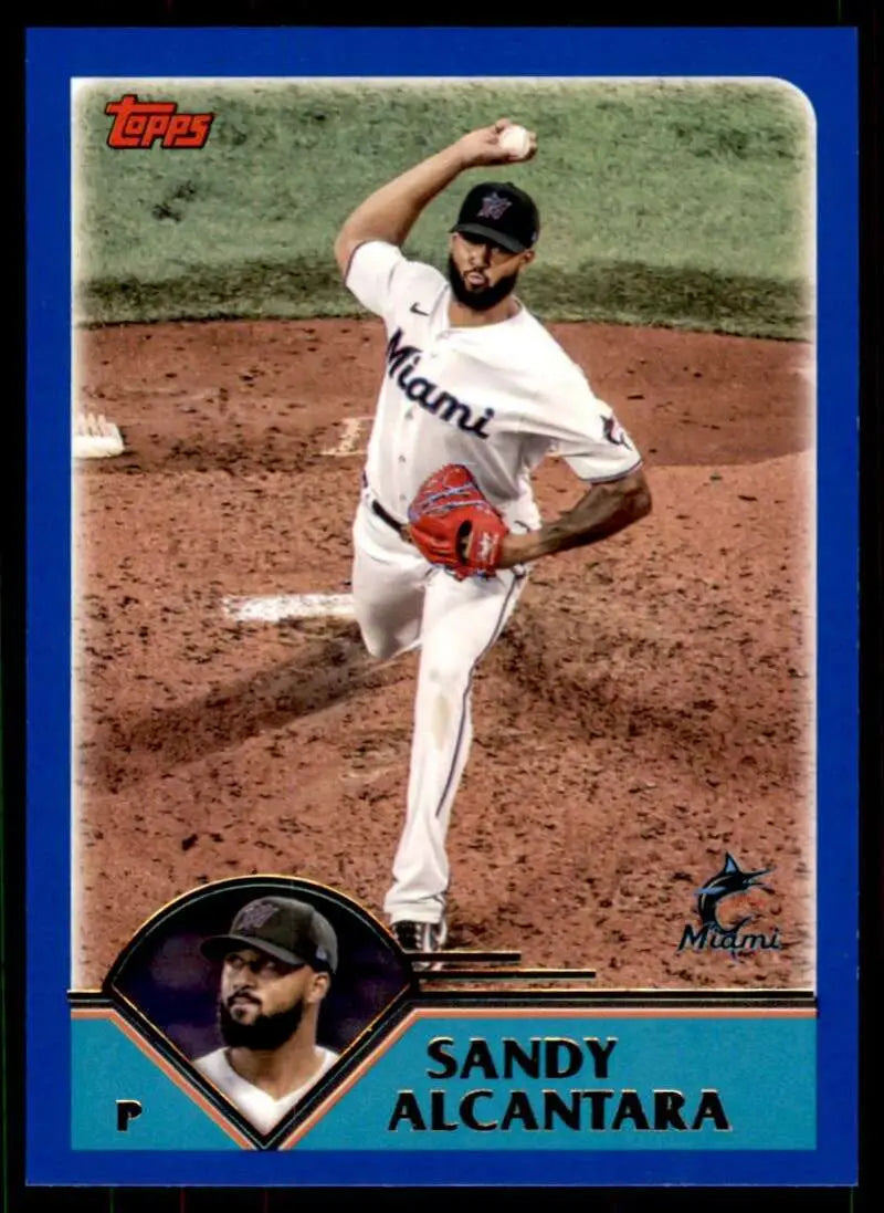 Topps baseball card of Sandy Alcantara, Miami Marlins pitcher in mid-throwing motion