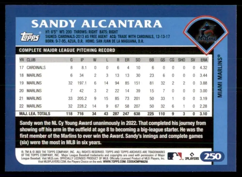 Sandy Alcantara 2023 Topps Archives Baseball Card showcasing Miami Marlins statistics