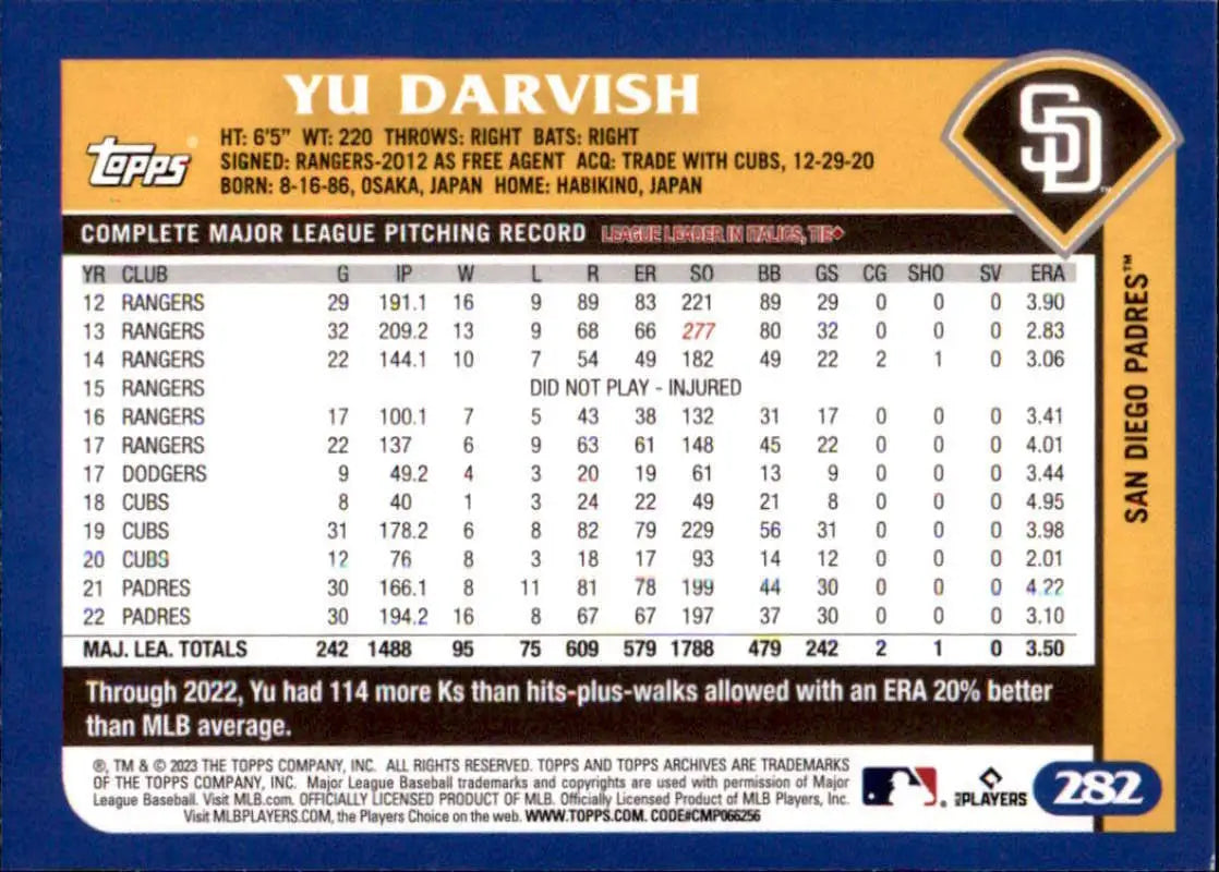 Yu Darvish MLB pitching statistics on 2023 Topps Archives San Diego Padres Baseball Card