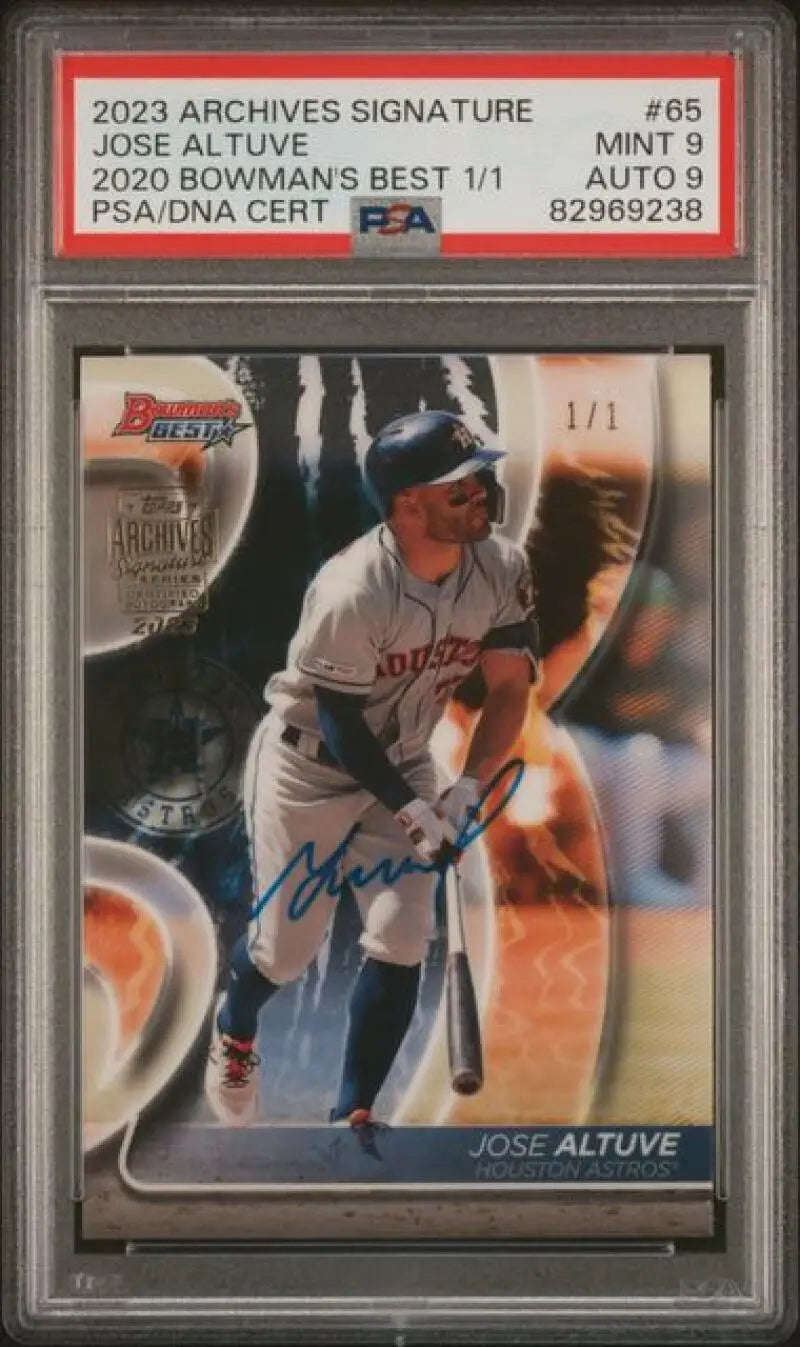 PSA-graded baseball card of Jose Altuve in batting stance, Topps Archives Signature 1/1