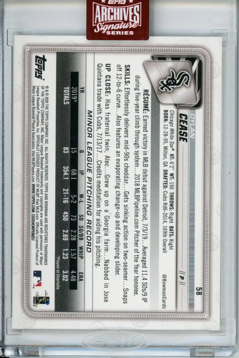 Back of 2023 Topps Archives Dylan Cease RC Auto Baseball Card with player statistics