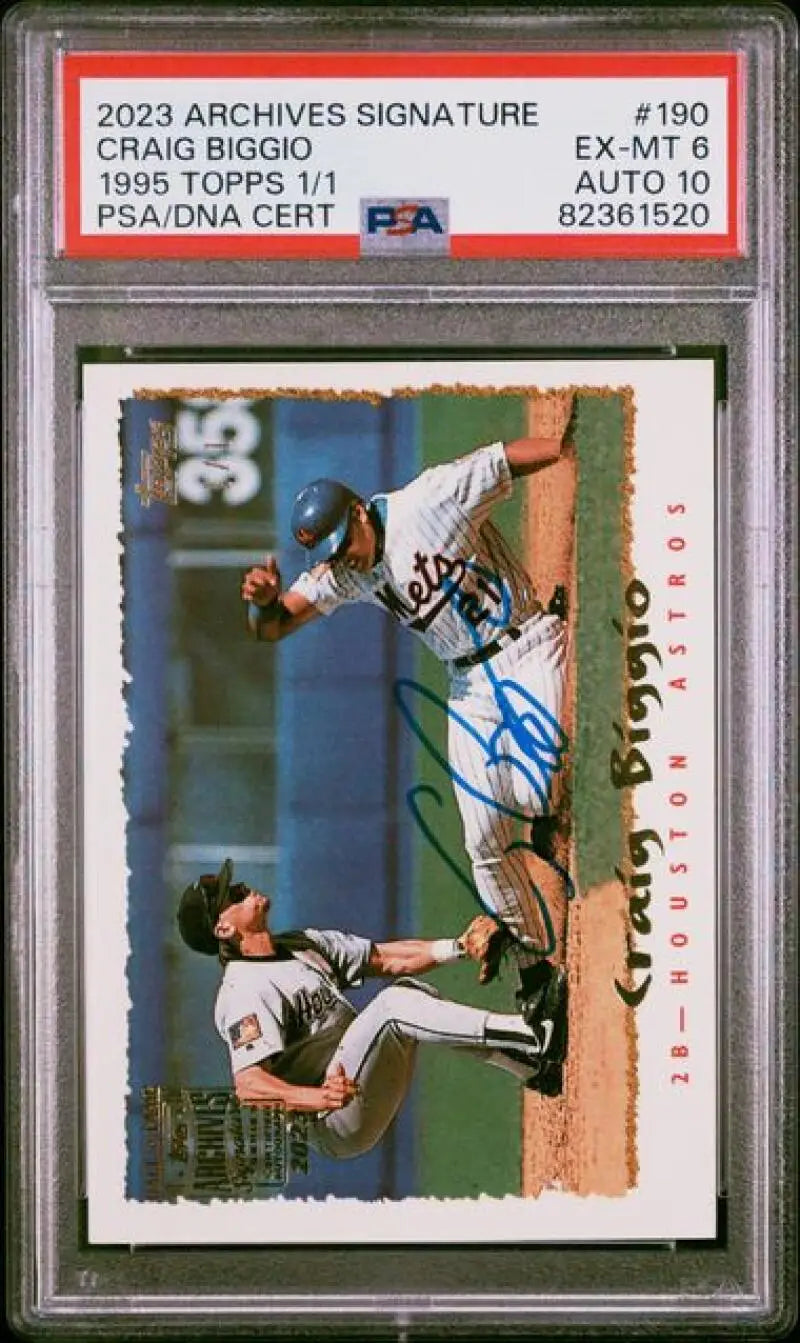 PSA-graded 2023 Topps Archives Signatures Craig Biggio baseball card sliding into second base