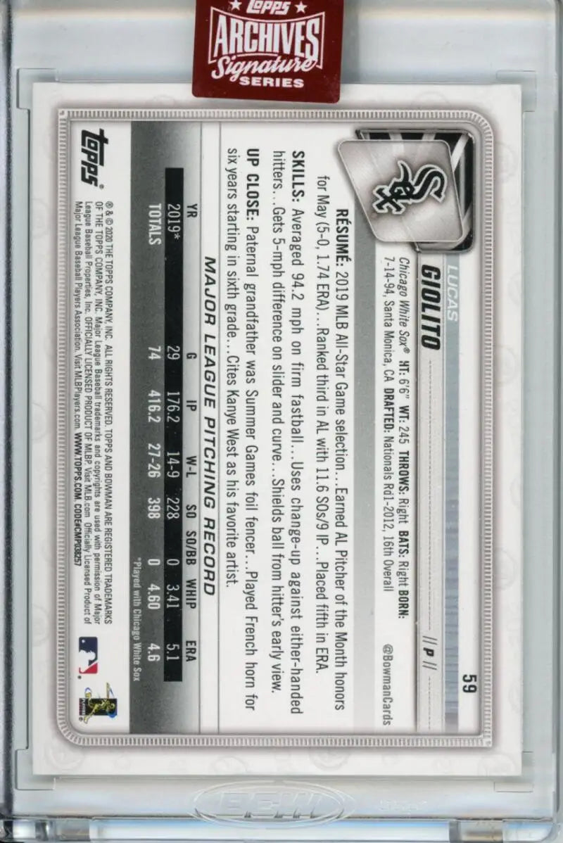 Back of 2023 Topps Archives Signatures Lucas Giolito White Sox Baseball Card showing stats