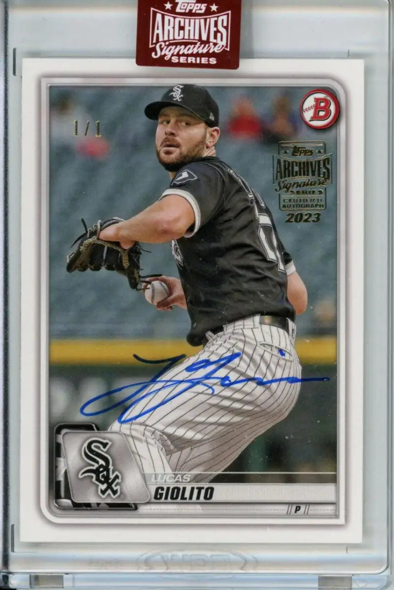 Signed Lucas Giolito Chicago White Sox baseball card in mid-throw action