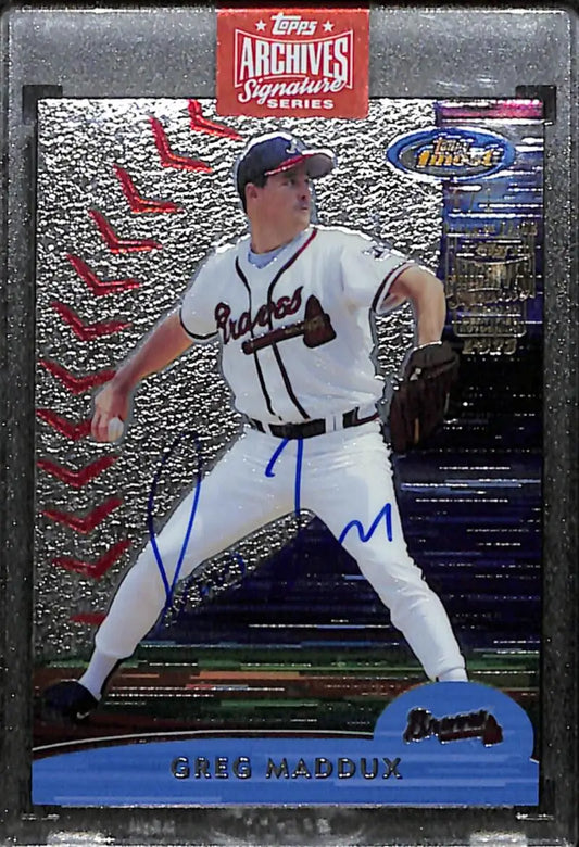 Chrome-finish baseball card of Greg Maddux in Braves uniform from Topps Archives Signatures