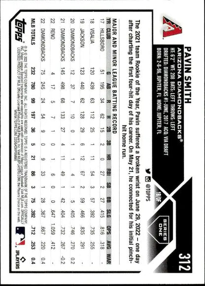 Baseball card featuring Pavin Smith statistics from Topps Arizona Diamondbacks 2023