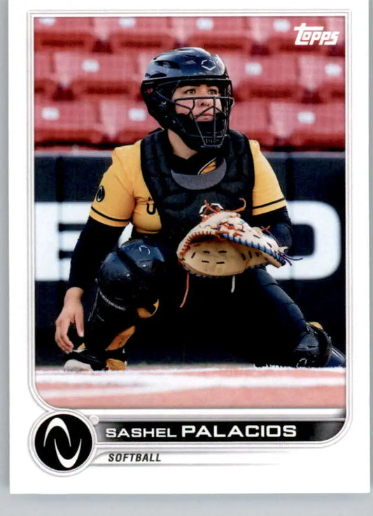 Sashel Palacios in black and yellow catcher gear for Topps Athletes Unlimited Softball