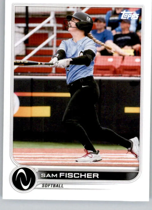 Sam Fischer in batting follow-through on 2023 Topps Athletes Unlimited trading card