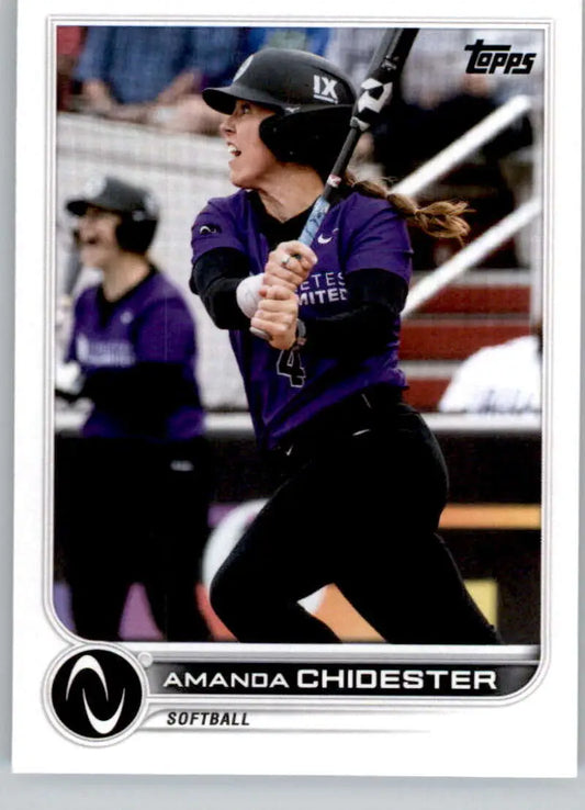 Northwestern University softball player Amanda Chidester at bat in a purple jersey