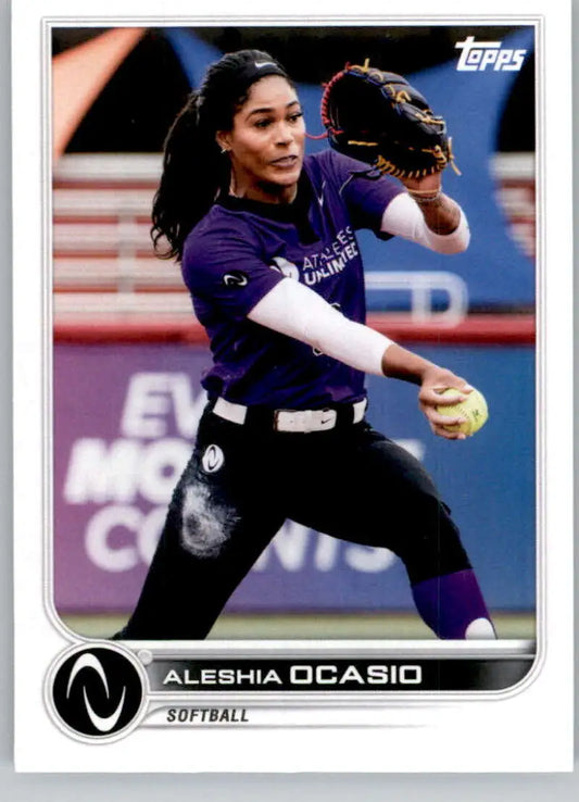 Topps Athletes Unlimited card of Aleshia Ocasio in purple softball uniform making a throw