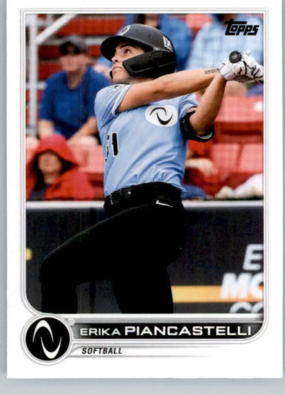 Topps Athletes Unlimited card of Erika Piancastelli mid-swing in softball uniform