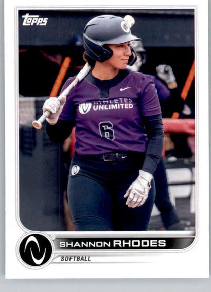 Shannon Rhodes swings a bat in a purple Topps Athletes Unlimited jersey