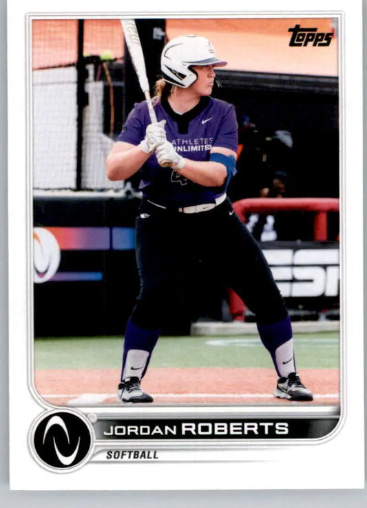 Topps Athletes Unlimited trading card of Jordan Roberts batting in purple uniform