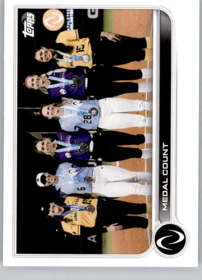 Baseball trading card featuring six players in various uniforms from Athletes Unlimited Medal Count Softball