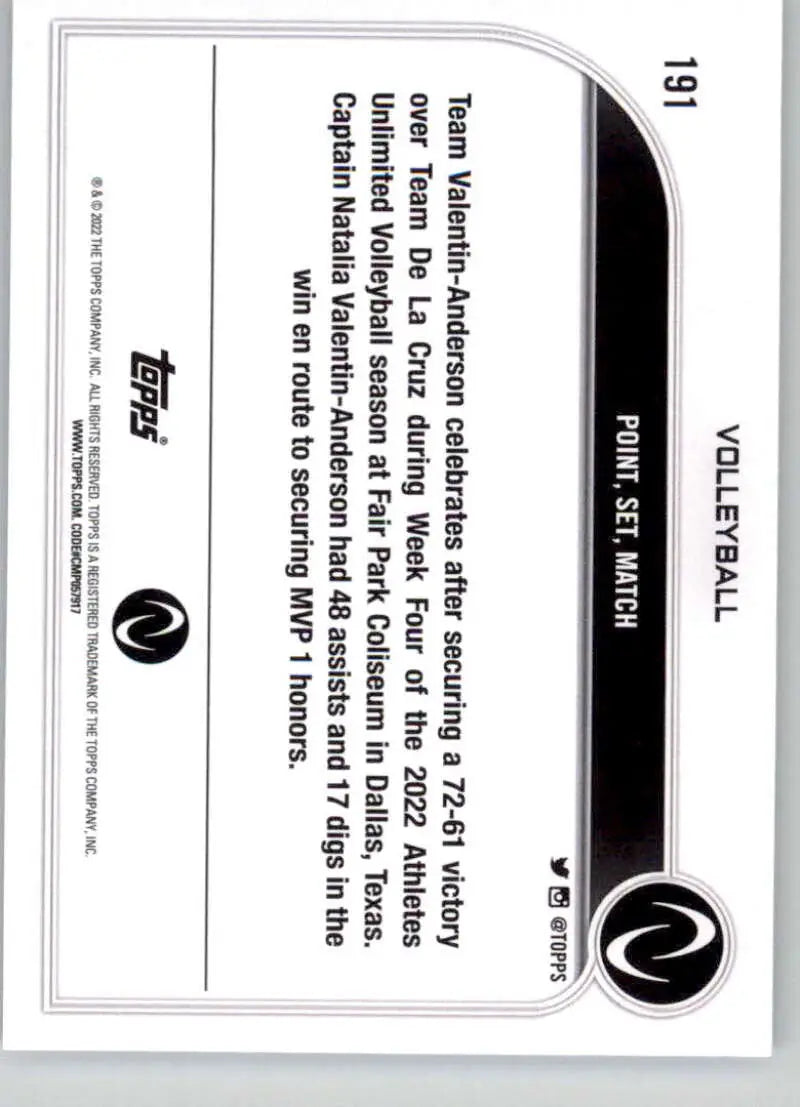 Black and white printed text on a rounded instruction page for Topps Athletes Unlimited Volleyball Card