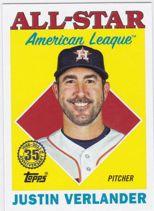 Baseball card of Justin Verlander insert Houston showcasing smiling Astros pitcher