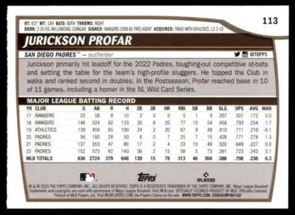 Back of 2023 Topps Big League #113 Jurickson Profar baseball card with original gloss