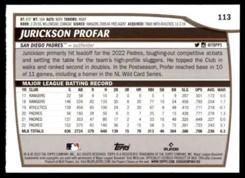 Baseball card back of 2023 Topps Big League #113 Jurickson Profar NM-MT Padres