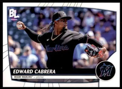 Baseball card of Edward Cabrera in black Miami Marlins uniform from Topps Big League