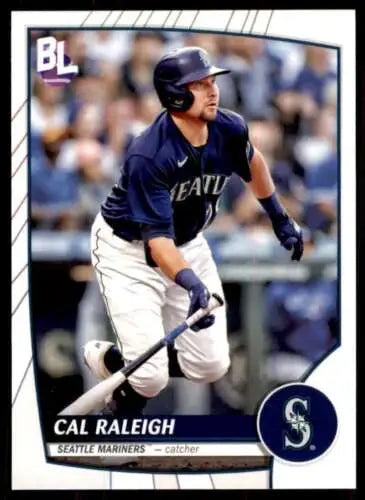 Baseball card of Cal Raleigh in navy Seattle Mariners uniform from 2023 Topps Big League